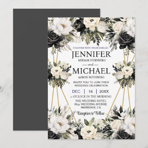 Fleurs florales noires et blanches Invitations de