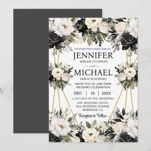 Fleurs florales noires et blanches Invitations de (Devant / Derrière)