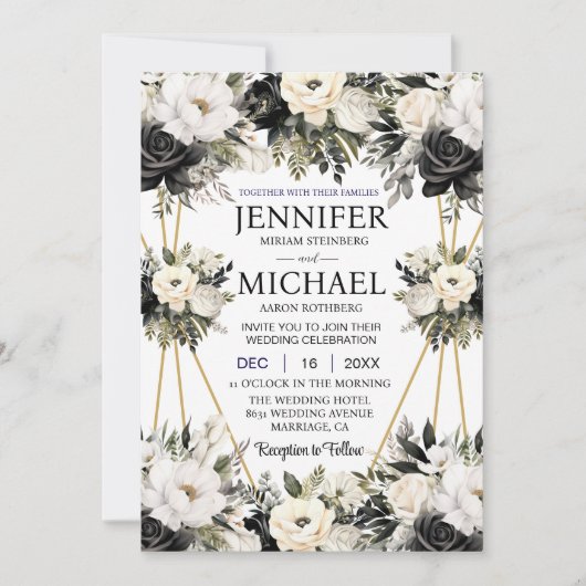 Fleurs florales noires et blanches Invitations de (Devant)