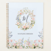 Fleurs Florales Rose Bleu Aquarelle Monogramme (Devant)