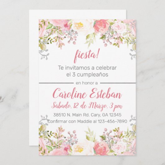 Fleurs florales rose espagnole invitation d'annive (Devant / Derrière)