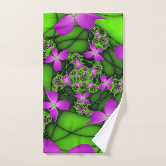 Fleurs fractales Abstraites de néon rose vert (Serviette à main)