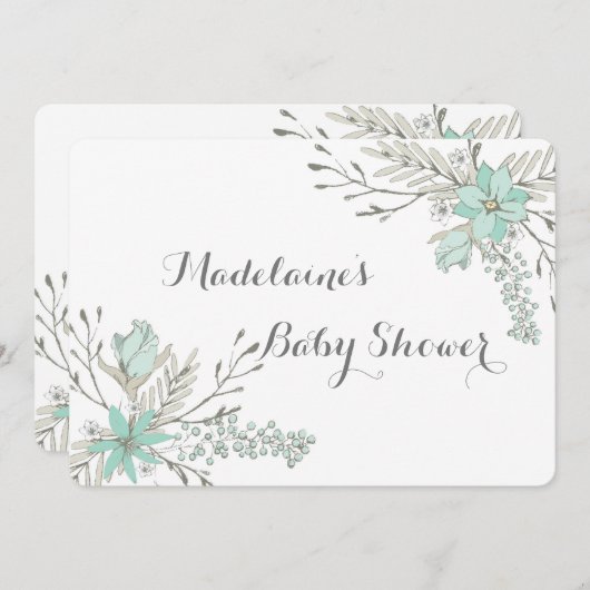 Fleurs gris ciel Invitations de douches pour bébés (Devant / Derrière)
