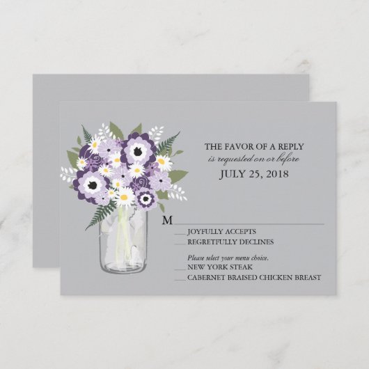 Fleurs Gris Violet Mason Jar | Mariage RSVP (Devant / Derrière)