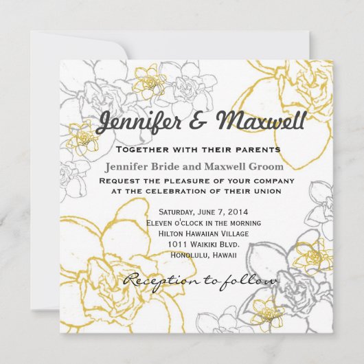 Fleurs grises et jaunes de faire-part de mariage (Devant)