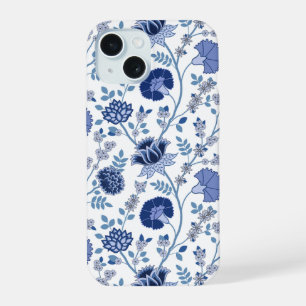 Fleurs jacobéennes grand motif bleu sur blanc