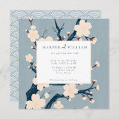 Fleurs japandi bleu et rose faire-part de mariage (Devant / Derrière)