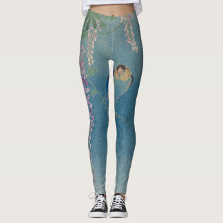 FLEURS JAPONAISES ET OISEAUX SUR Leggings BLEUS
