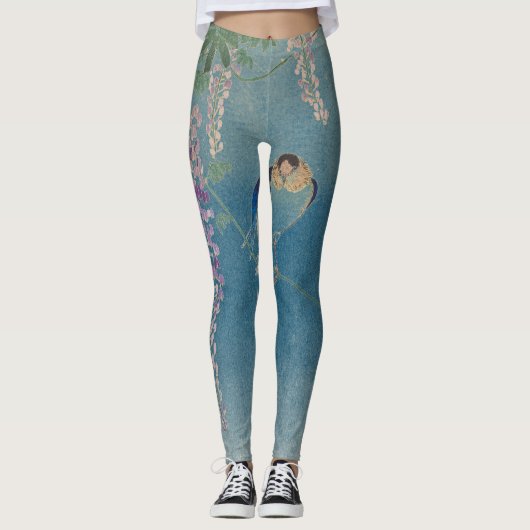 FLEURS JAPONAISES ET OISEAUX SUR Leggings BLEUS (Devant)