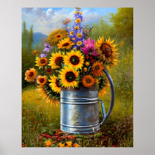 Fleurs jaune rose turquoise arrosoir à poster