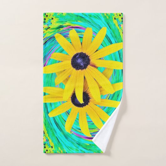 Fleurs jaunes Abstraites rétro sur Aqua Swirl (Serviette à main)