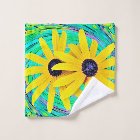 Fleurs jaunes Abstraites rétro sur Aqua Swirl (Gant de toilette)