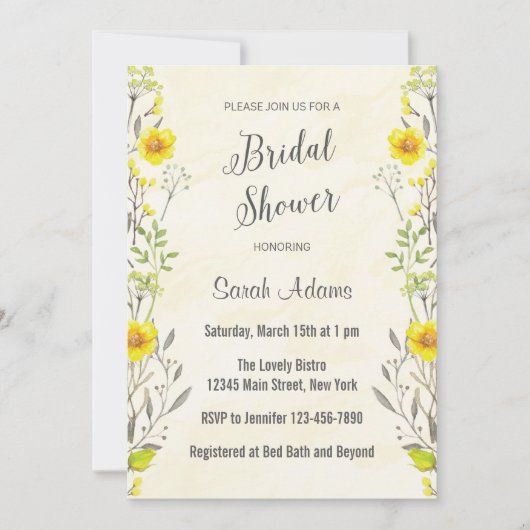 Fleurs Jaunes Aquarelle Nuptiale Invitation Douche (Devant)