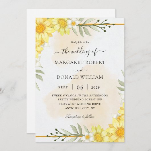 Fleurs jaunes avec invitations à un mariage d'or (Devant / Derrière)