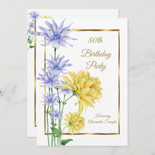 Fleurs Jaunes Bleues Or Anniversaire Invitation (Devant / Derrière)