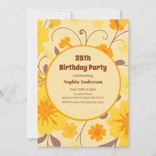 Fleurs jaunes rétro soleil - Invitation d'annivers (Devant)
