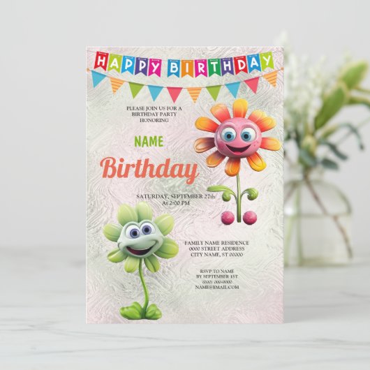 Fleurs joyeuses Invitation de fête d'anniversaire (Debout devant)
