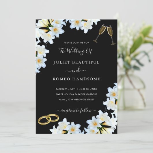 Fleurs Lys noir blanc Faire-part de mariage modern (Debout devant)