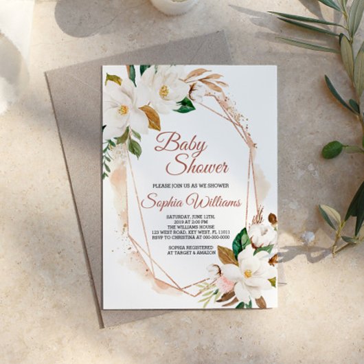 Fleurs Magnolia et Baby shower d'or Invitation