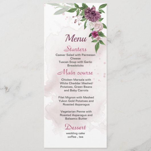 fleurs mauves roses verdure menu mariage (Devant)
