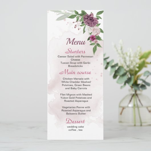 fleurs mauves roses verdure menu mariage (Debout devant)