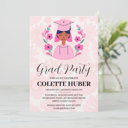 fleurs modernes invitation de graduation rose (Debout devant)