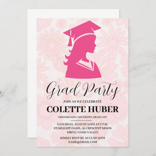 fleurs modernes invitation de graduation rose (Devant / Derrière)