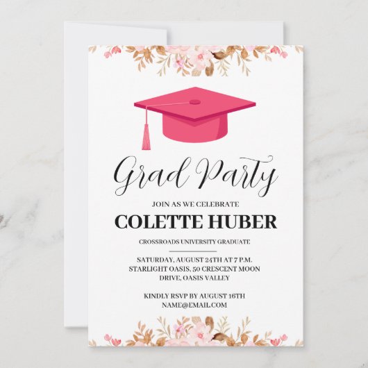 fleurs modernes invitation de graduation rose (Devant)