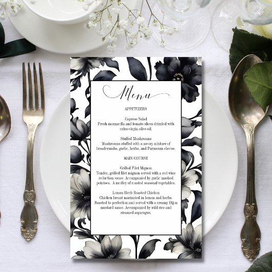 Fleurs noires et blanches élégant menu de mariage