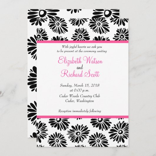 Fleurs noires et blanches funky faire-part de mari (Devant / Derrière)