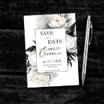Fleurs noires et blanches modèle photo<br><div class="desc">Boho noir et blanc peony fleurs pampas herbe élégant mariage enregistrer la date éditable invitation modèle instantanée téléchargement numérique avec photo à l'arrière</div>