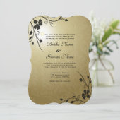 Fleurs noires sur Gold Mariage damassé Invitation (Debout devant)