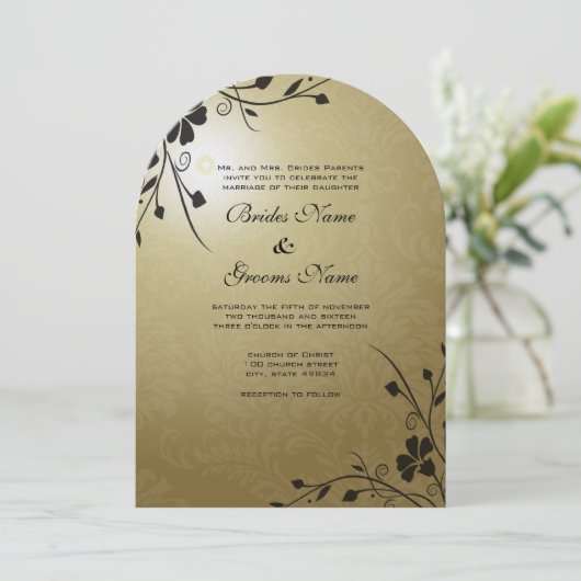 Fleurs noires sur Gold Mariage damassé Invitation (Debout devant)