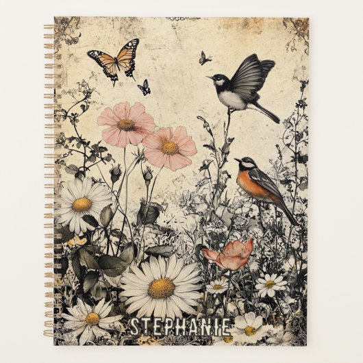 Fleurs, oiseaux et papillons sur papier vieilli (1 (Devant)