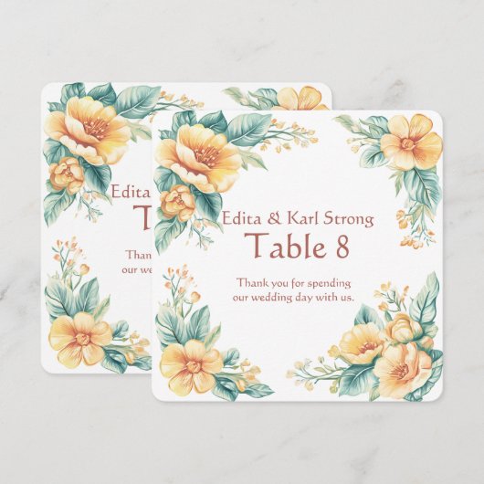 Fleurs orange et vert Numéro de table Merci (Devant / Derrière)