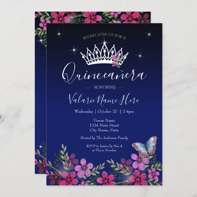 Fleurs Papillon Quinceanera Budget Invitation (Devant / Derrière)