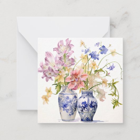 Fleurs Pastel Dans Vases Delft Carte Note Plat (Devant)