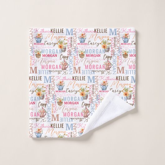 Fleurs peintes avec nom et collage Monogramme (Gant de toilette)