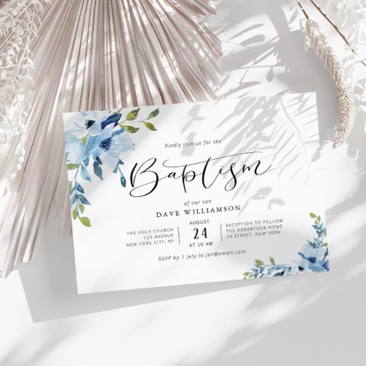 Fleurs peintes bleues invitation au baptême