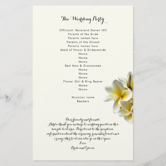 Fleurs Plumeria Jaune Programme de Mariage Plat (Dos)
