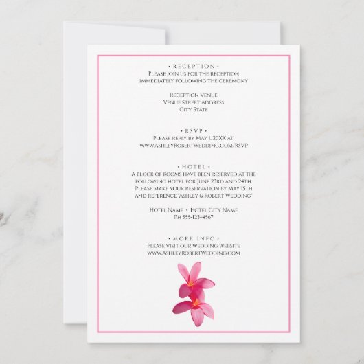 Fleurs Plumeria rose, Faire-part de mariage modern (Dos)