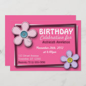 Fleurs pointillées Invitations d'anniversaire rose (Devant / Derrière)