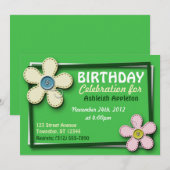 Fleurs pointillées Invitations d'anniversaire vert (Devant / Derrière)