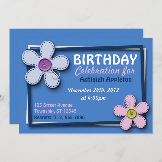 Fleurs pointillées tendance Bleu Invitations d'ann (Devant / Derrière)