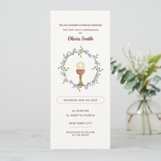 Fleurs pourpres Wreath First Communion Invitation (Debout devant)