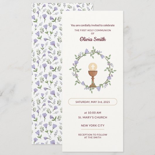 Fleurs pourpres Wreath First Communion Invitation (Devant / Derrière)