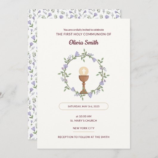 Fleurs pourpres Wreath First Communion Invitation (Devant / Derrière)