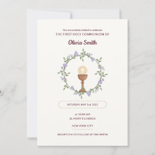 Fleurs pourpres Wreath First Communion Invitation