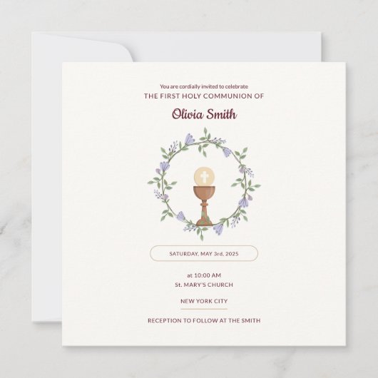 Fleurs pourpres Wreath First Communion Invitation (Devant)