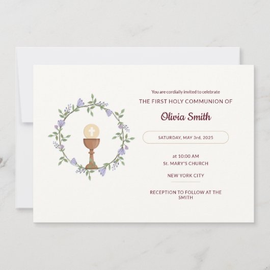 Fleurs pourpres Wreath First Communion Invitation (Devant)
